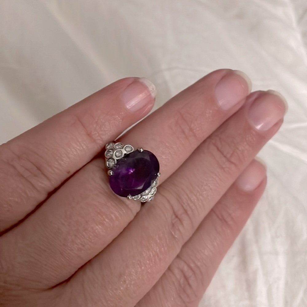 Huge oval amethyst and diamond ring for sale! Size 8